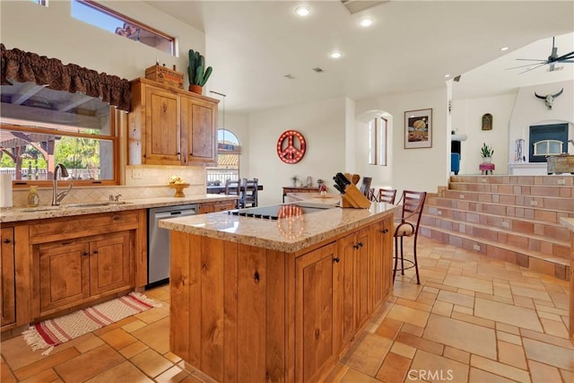 31024 Rabbit Springs Rd, Lucerne Valley, CA 92356 - kitchen with a sink, dishwasher, black electric stovetop, recessed lighting, and backsplash