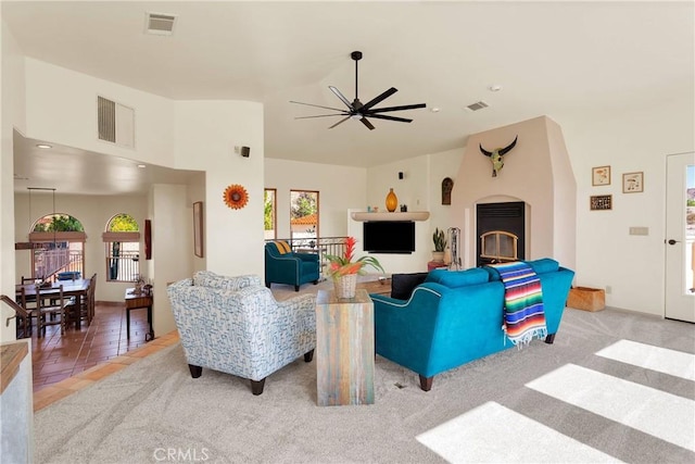 31024 Rabbit Springs Rd, Lucerne Valley, CA 92356 - living area featuring plenty of natural light, vaulted ceiling, a ceiling fan, recessed lighting, and tile patterned flooring