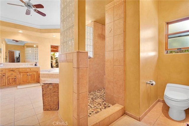 31024 Rabbit Springs Rd, Lucerne Valley, CA 92356 - bathroom with a ceiling fan, tile patterned floors, toilet, tiled shower, and a garden tub