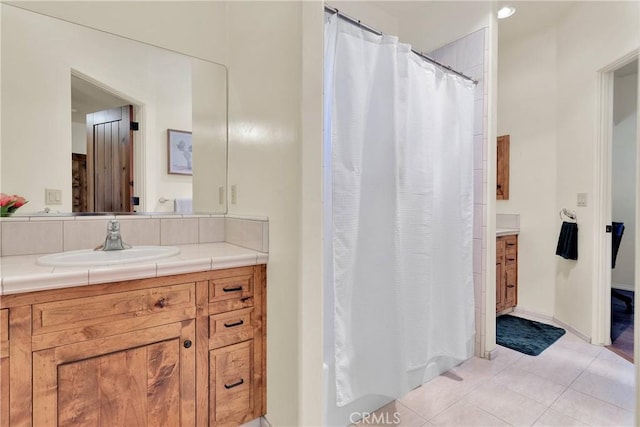 31024 Rabbit Springs Rd, Lucerne Valley, CA 92356 - full bath with vanity, tile patterned flooring, and a shower with shower curtain