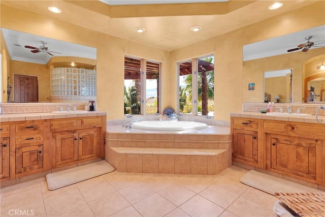 31024 Rabbit Springs Rd, Lucerne Valley, CA 92356 - bathroom with ceiling fan, tile patterned flooring, a garden tub, recessed lighting, and two vanities