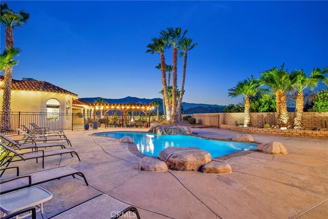 31024 Rabbit Springs Rd, Lucerne Valley, CA 92356 - view of swimming pool featuring a fenced backyard, a patio, and a mountain view
