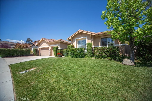 43922 Carentan Dr, Temecula, CA 92592 - ranch-style home with a tiled roof, stucco siding, a front yard, an attached garage, and driveway