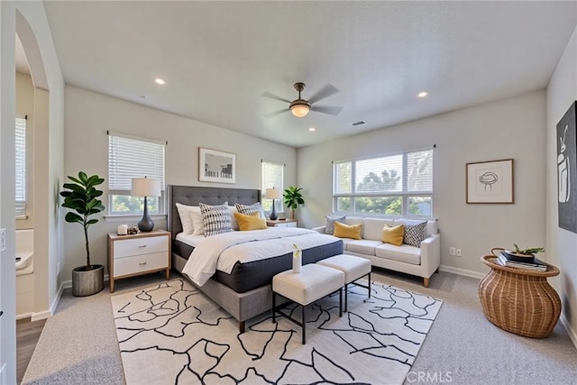 43922 Carentan Dr, Temecula, CA 92592 - bedroom featuring arched walkways, recessed lighting, and ceiling fan