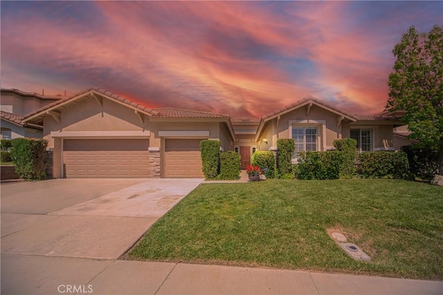 43922 Carentan Dr, Temecula, CA 92592 - ranch-style home with stucco siding, concrete driveway, a front yard, an attached garage, and a tiled roof