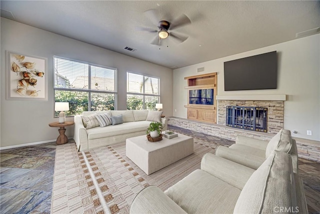43922 Carentan Dr, Temecula, CA 92592 - living area with ceiling fan and a fireplace
