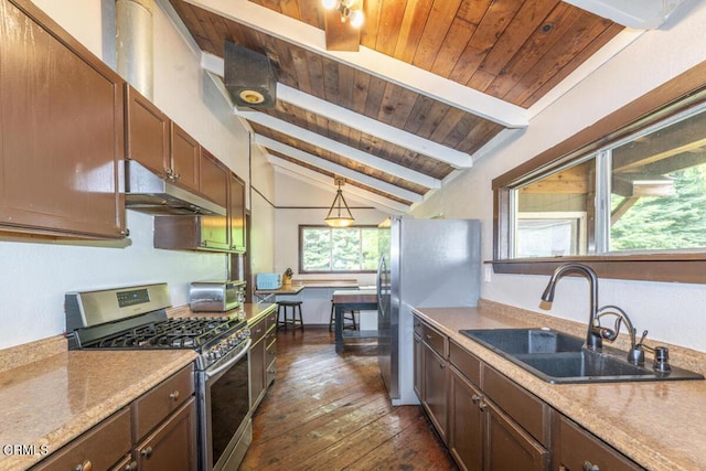 14480 Docker Hill Rd, Comptche, CA 95427 - kitchen featuring appliances with stainless steel finishes, under cabinet range hood, a sink, dark wood-style floors, and wooden ceiling