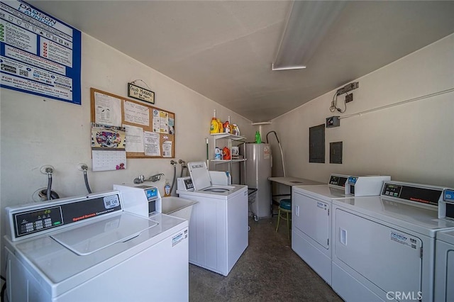 shared laundry featuring washer and dryer, water heater, and electric panel