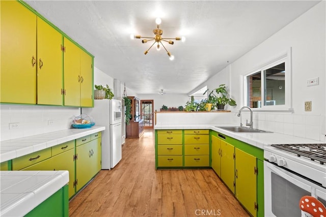 51609 Oregon Trl, Morongo Valley, CA 92256 - kitchen featuring a sink, white appliances, decorative backsplash, and light wood-style flooring