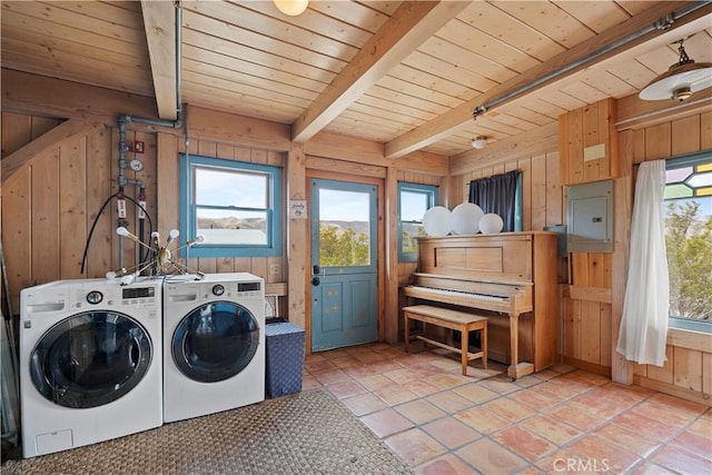 51609 Oregon Trl, Morongo Valley, CA 92256 - washroom featuring washer and clothes dryer, wooden walls, wooden ceiling, plenty of natural light, and electric panel