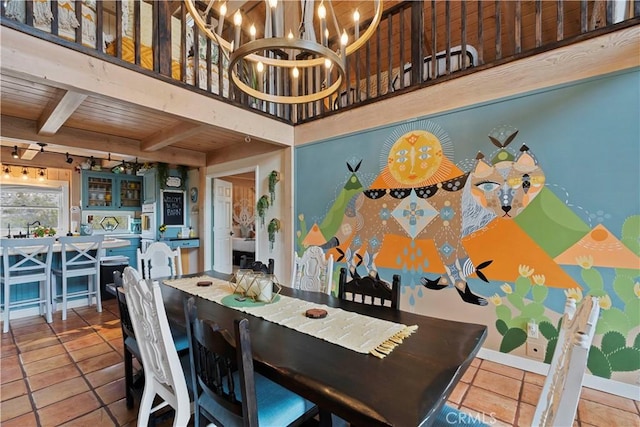 51609 Oregon Trl, Morongo Valley, CA 92256 - tiled dining space with beamed ceiling, a chandelier, and wooden ceiling
