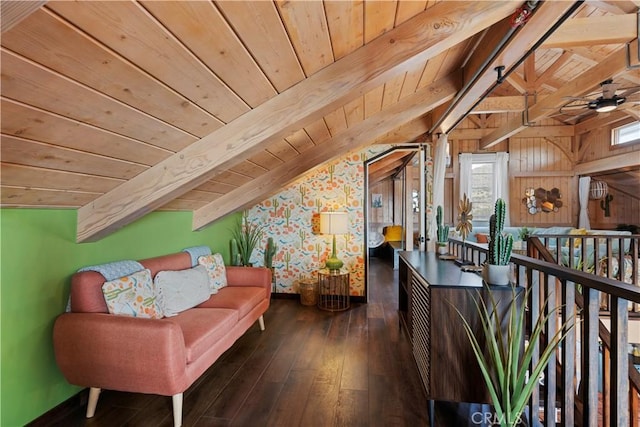51609 Oregon Trl, Morongo Valley, CA 92256 - sitting room featuring wooden ceiling, baseboards, wood-type flooring, a ceiling fan, and an upstairs landing