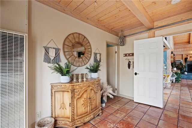 51609 Oregon Trl, Morongo Valley, CA 92256 - entryway with a heating unit, wood ceiling, and beam ceiling