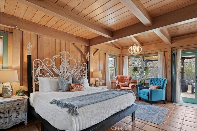 51609 Oregon Trl, Morongo Valley, CA 92256 - tiled bedroom with a chandelier, beamed ceiling, access to outside, wood walls, and wooden ceiling