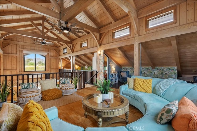 51609 Oregon Trl, Morongo Valley, CA 92256 - living room featuring wood ceiling, ceiling fan, and wood walls
