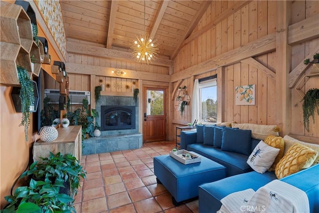 51609 Oregon Trl, Morongo Valley, CA 92256 - living room featuring wooden ceiling, a tiled fireplace, beamed ceiling, wood walls, and high vaulted ceiling