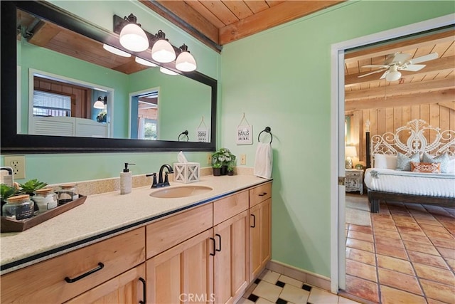 51609 Oregon Trl, Morongo Valley, CA 92256 - bathroom with wood ceiling, vanity, beam ceiling, and ceiling fan