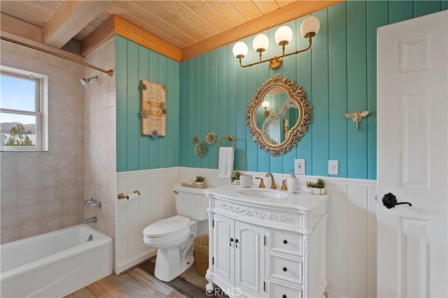 51609 Oregon Trl, Morongo Valley, CA 92256 - bathroom featuring wood ceiling, toilet, beam ceiling, shower / tub combination, and vanity