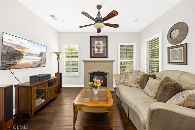 4448 St Cloud, Claremont, CA 91711 - living room with ceiling fan, dark wood-style floors, baseboards, a glass covered fireplace, and recessed lighting