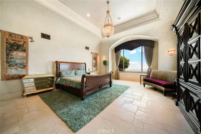 7811 Camino De Arriba, Rancho Santa Fe, CA 92067 - bedroom with crown molding, stone tile flooring, baseboards, a high ceiling, and recessed lighting