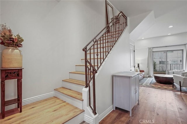 14702 Magnolia Blvd Unit 104, Sherman Oaks, CA 91403 - stairway featuring hardwood / wood-style floors, baseboards, and recessed lighting