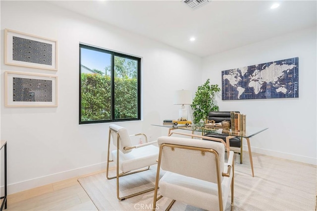 dining area featuring recessed lighting, baseboards, and a desk