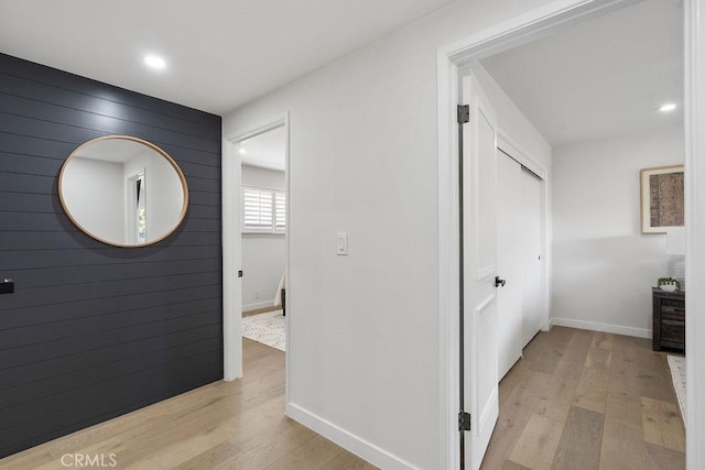 2506 E Roberta Dr, Orange, CA 92869 - hall featuring light wood-style floors, baseboards, recessed lighting, and wood walls