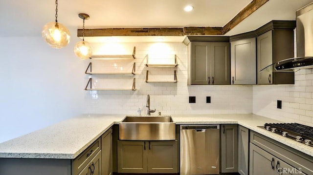 kitchen featuring stainless steel appliances, a sink, wall chimney exhaust hood, gray cabinets, and backsplash