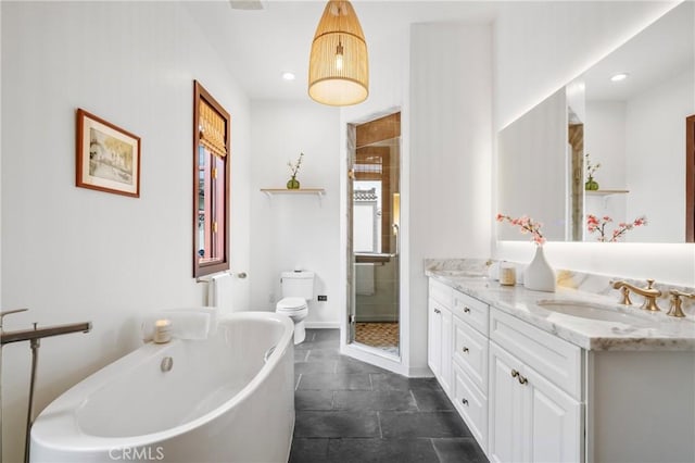 11 Deodar Ln, Bradbury, CA 91008 - bathroom with double vanity, toilet, a shower stall, a soaking tub, and recessed lighting