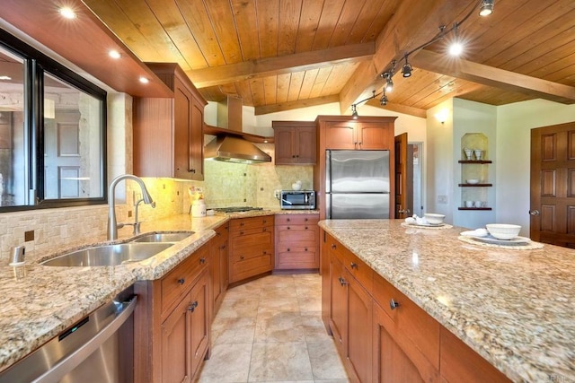 3149 Old Post Rd, Fallbrook, CA 92028 - kitchen with appliances with stainless steel finishes, wood ceiling, wall chimney exhaust hood, a sink, and tasteful backsplash