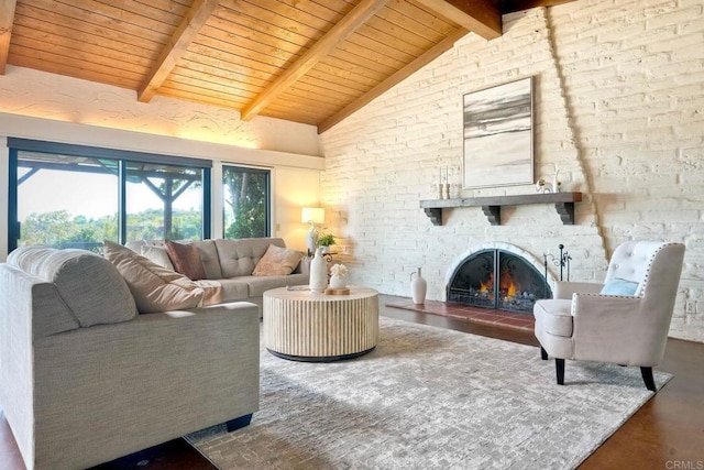 3149 Old Post Rd, Fallbrook, CA 92028 - living room featuring wooden ceiling with exposed beams, high vaulted ceiling, and a fireplace