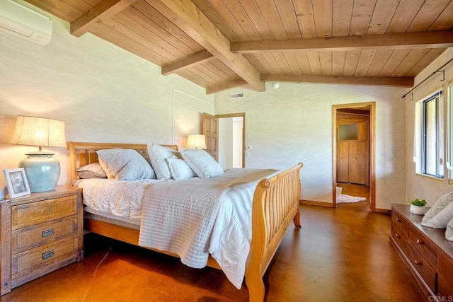 3149 Old Post Rd, Fallbrook, CA 92028 - bedroom with an AC wall unit, wooden ceiling, and finished concrete floors