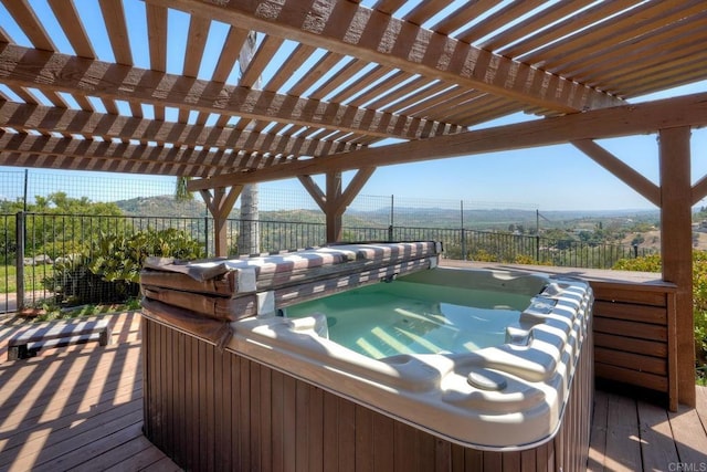 3149 Old Post Rd, Fallbrook, CA 92028 - wooden terrace featuring a hot tub, a pergola, and a mountain view