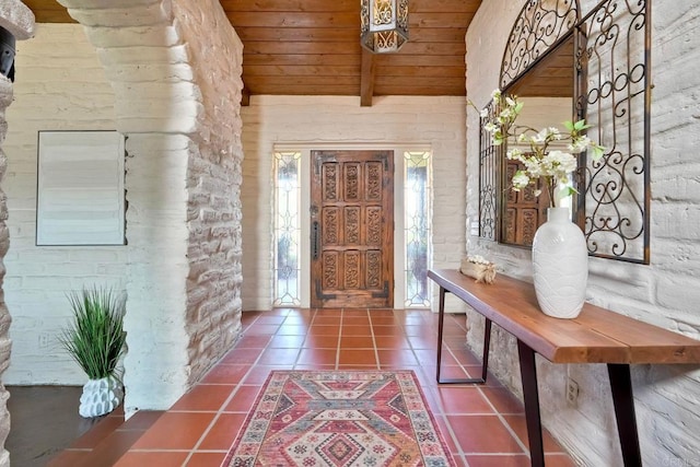 3149 Old Post Rd, Fallbrook, CA 92028 - foyer entrance with wooden ceiling, tile patterned flooring, and vaulted ceiling