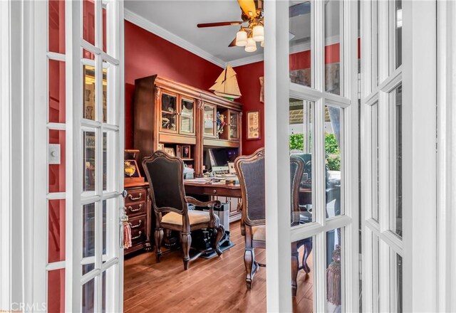 74078 W Petunia Pl, Palm Desert, CA 92211 - office featuring french doors, crown molding, ceiling fan, and wood finished floors