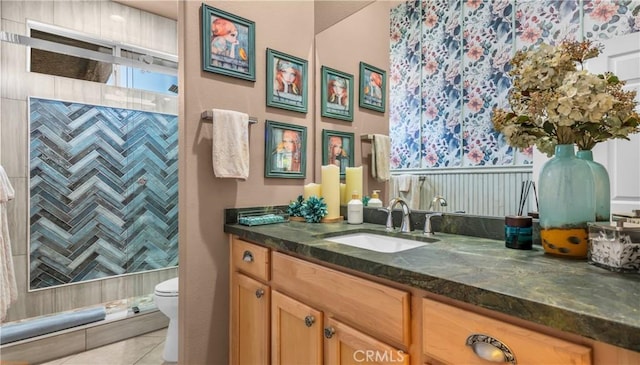 74078 W Petunia Pl, Palm Desert, CA 92211 - full bath with vanity, toilet, a shower stall, and tile patterned floors