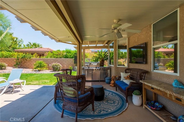 74078 W Petunia Pl, Palm Desert, CA 92211 - view of patio / terrace featuring a ceiling fan and an outdoor hangout area