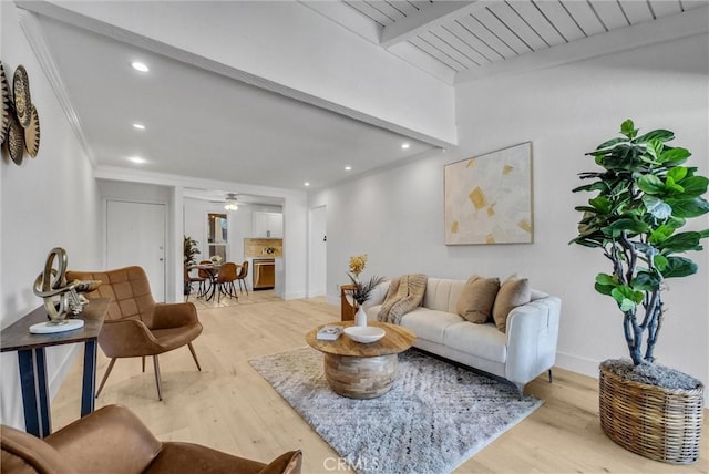 1010 W Macarthur Blvd Unit 8, Santa Ana, CA 92707 - living area with light wood-style floors, ceiling fan, recessed lighting, crown molding, and beam ceiling
