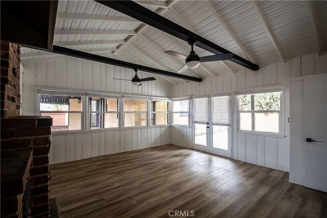 unfurnished sunroom with lofted ceiling and french doors