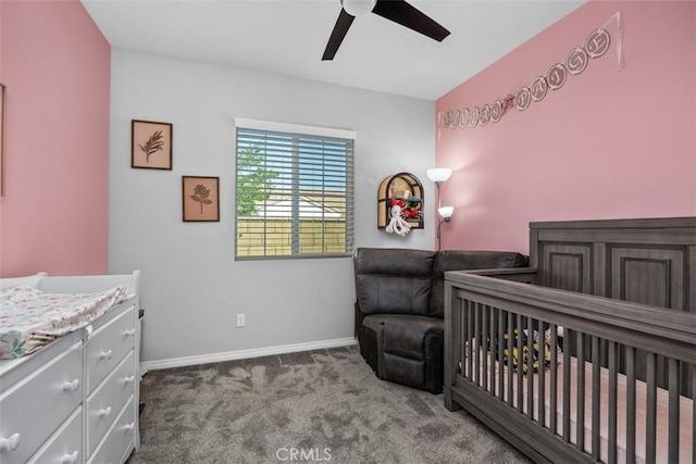 bedroom with carpet, baseboards, and ceiling fan