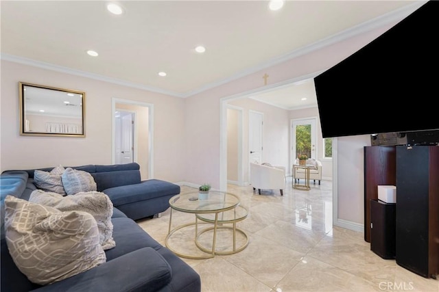 19119 Lemay St, Reseda, CA 91335 - living room with crown molding, recessed lighting, baseboards, and light marble finish flooring