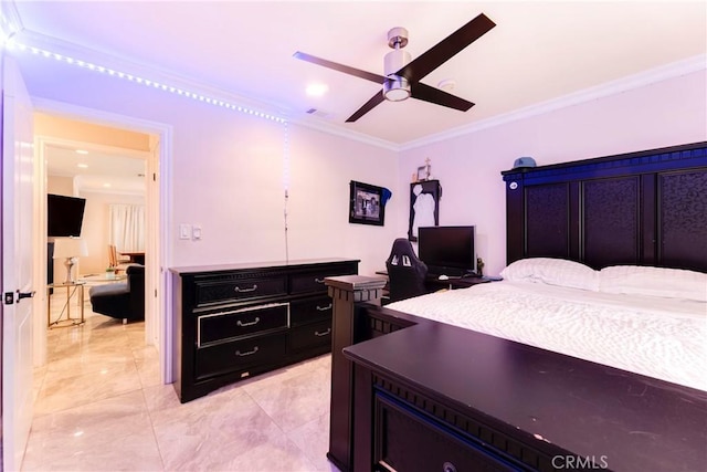 19119 Lemay St, Reseda, CA 91335 - bedroom featuring crown molding, light marble finish floors, and a ceiling fan