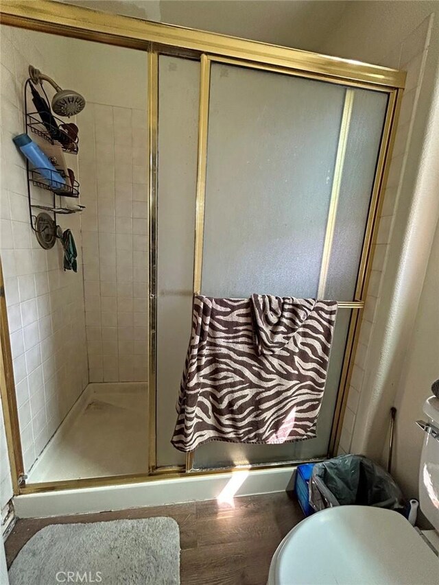 14402 Boxtree St, Lake Hughes, CA 93532 - full bath featuring a stall shower, wood finished floors, and toilet