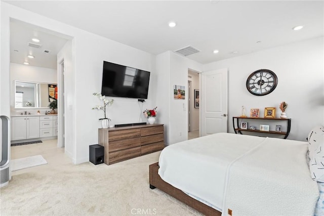 27120 Purple Sage Ct, Valencia, CA 91381 - bedroom featuring recessed lighting, light colored carpet, and ensuite bathroom
