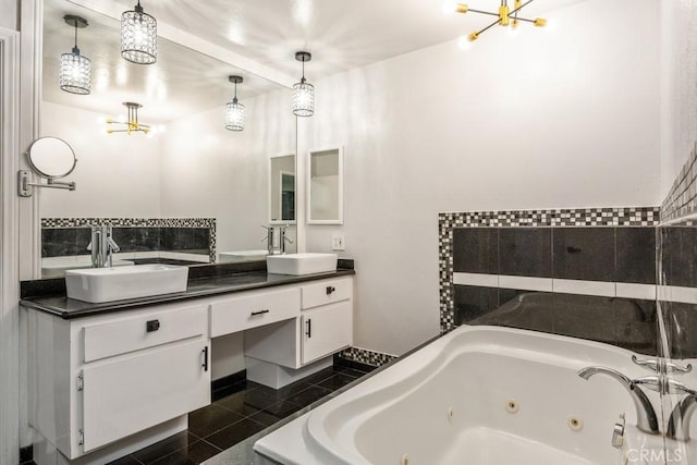 2819 Steeplechase Ln, Diamond Bar, CA 91765 - bathroom featuring a chandelier, double vanity, a tub with jets, and granite floors