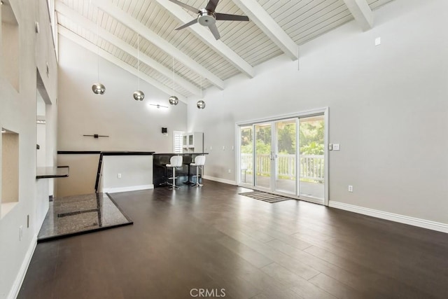 2819 Steeplechase Ln, Diamond Bar, CA 91765 - unfurnished living room featuring high vaulted ceiling, wood finished floors, a ceiling fan, and beam ceiling