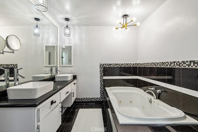 2819 Steeplechase Ln, Diamond Bar, CA 91765 - full bathroom with a chandelier, a tub with jets, double vanity, and tile patterned flooring