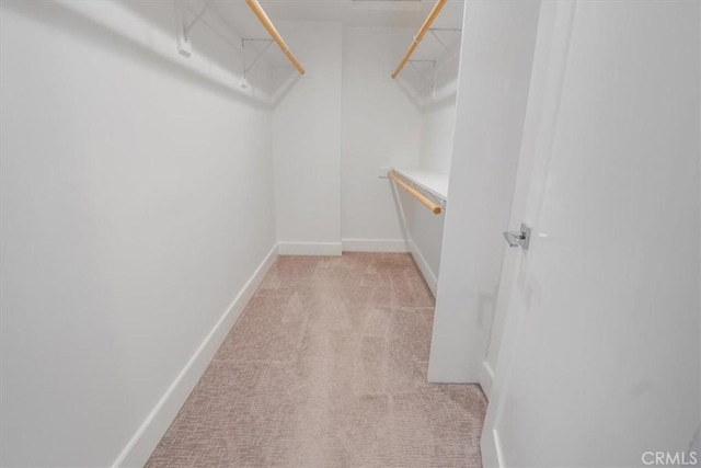 walk in closet with light colored carpet