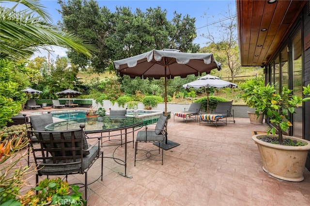22658 Arriba Dr, Saugus, CA 91350 - view of patio with outdoor dining space and a pool with connected hot tub