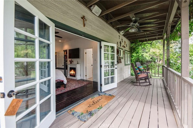 22658 Arriba Dr, Saugus, CA 91350 - wooden terrace with ceiling fan and a porch